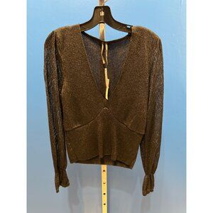 Anthropologie Black Shimmer V-Neck Knit Sweater Top Size S Made In Turkey